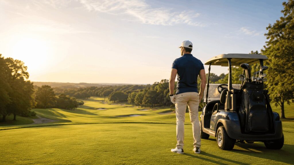 An image of a golfer standing on the tee box overlooking a well-designed golf course