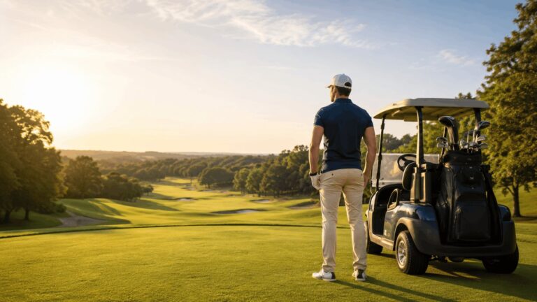 An image of a golfer standing on the tee box overlooking a well-designed golf course