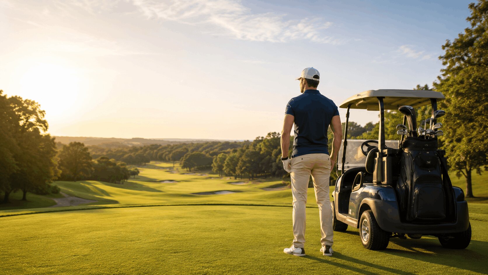 An image of a golfer standing on the tee box overlooking a well-designed golf course
